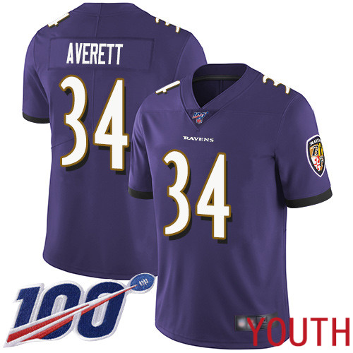 Baltimore Ravens Limited Purple Youth Anthony Averett Home Jersey NFL Football 34 100th Season Vapor Untouchable
